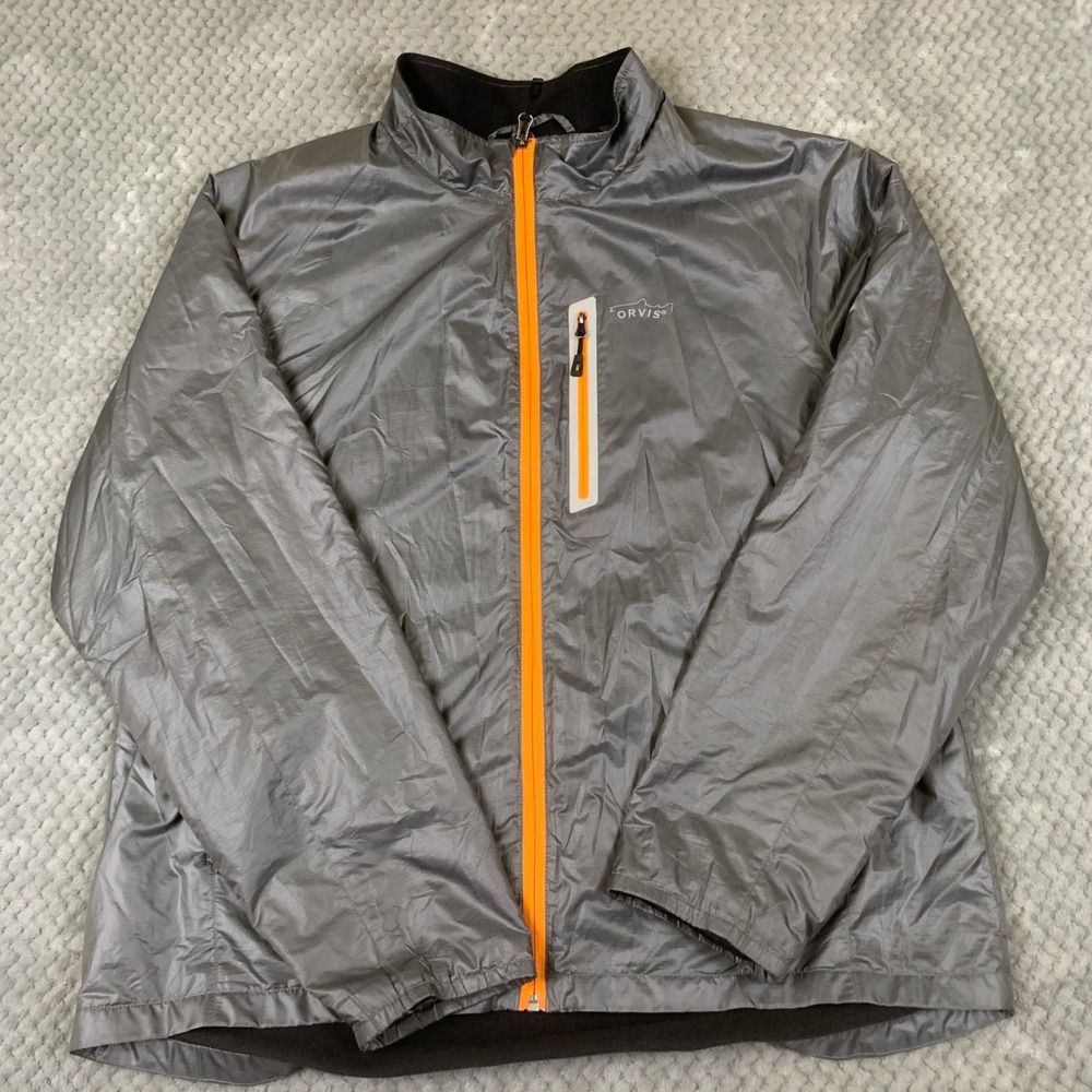 Orvis Trout Bum Mens Large Grey Ripstop Fleece Lined Full Zip Jacket Orange Zip
